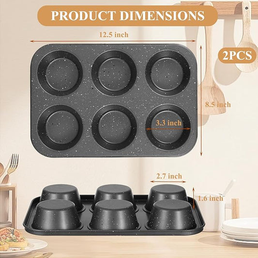 Jumbo Muffin Pan 2 Pack, Nonstick 6 Cup Muffin Tin, Extra Large Cupcake Pan for Baking, Giant Muffin & Cupcake Mold, Carbon Steel Muffin Tins, 3.3'' Cup Diameter