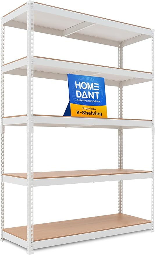 HOMEDANT White 5 Tier Laminated Boltless Heavy Duty Garage Storage Adjustable Wide Size Metal Shelving Unit Utility Rack Shelves Organization Shelf Shed Warehouse 47.7" W x 18.2" D x 71.3" H 1Pack