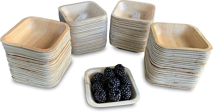 Raj Disposable Palm Leaf Bowls (100 Count, 4" Square Bowls) Strong Bowl Like Bamboo Party Bowl - Decorative Compostable Tableware for Lunch, Dinner, Birthday, Outdoor, BBQ, Picnic.