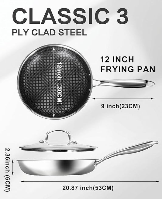 Non Stick Frying Pans with Lids, 12 Inch Fry Pan, Hybrid Large Frying Pan with Lid, Nonstick Skillet Stainless Steel, Dishwasher & Oven-Safe, Induction Compatible Cooking Pan