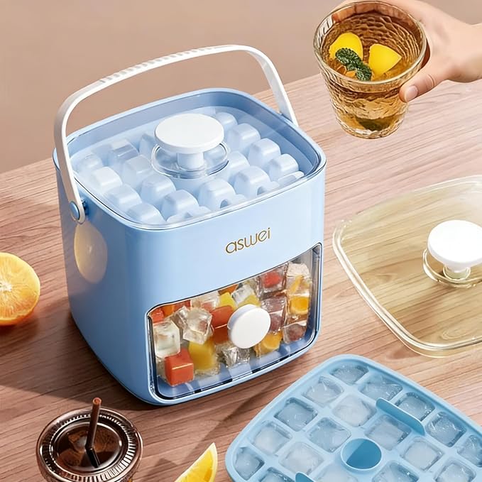 Ice Cube Tray for Freezer with Lid and Bin, Press Type Small Ice Cube Maker 48PCS with Storage Box Tongs, Stackable BPA-Free Silicone Ice Cube Trays for Small Freezer RV Coffee Cocktail Blue