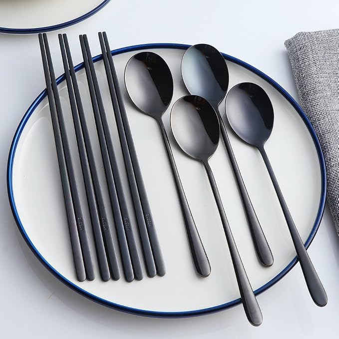 Buyer Star 4 Set Spoon Chopsticks, Black Reusable Metal Stainless Steel Korean Chopstix Spoon Set