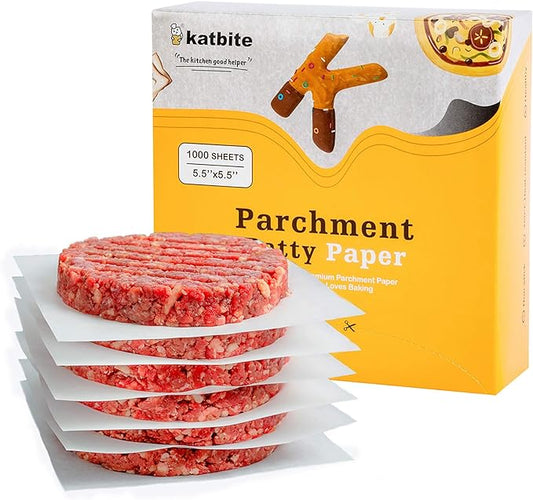 Katbite Hamburger Patty Paper 1000Pcs, 5.5"x5.5" Non Stick Parchment Paper Squares Sheets for Patty Seperate, Burger Press, Ground Beef, Freezing or Candy Wrappers, Use for Oven, Microwave or Freezer