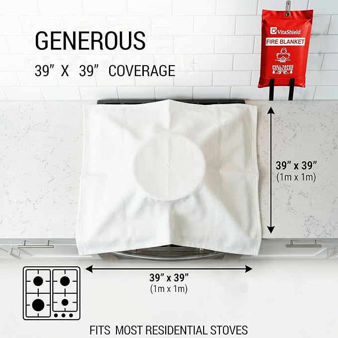 Emergency Fire Blanket for Kitchen Grease Fire, 39x39in, Easy Pull Tabs for Quick Use, 1076°F Heat Resistant Fiberglass, No Mess Extinguisher Alternative for Home Car RV BBQ (1 Pack)