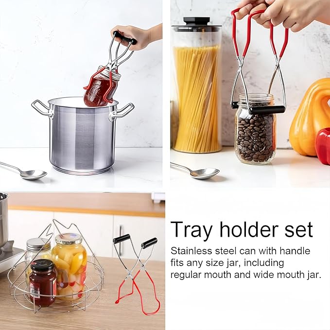 Stainless Steel Canning Rack with Jar Lifter Tongs, 11 Inch, 2-Piece Set | Heavy-duty canning basket separates mason jars for even water flow; fits water bath and pressure canners plus stock pots.