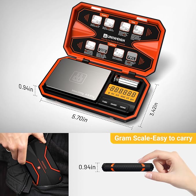 UNIWEIGH Digital Pocket Scale 200g/0.01g Precision Digital Scale Grams | 6 Units Jewelry Scales,Coins Scale with LCD Display,Tare Function for Food,Powder,small items(Battery Included)-Orange