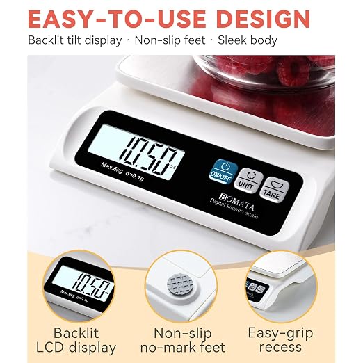 BOMATA 0.1g High Precision Food Scale, 13lb Digital Kitchen Scale with Removable Stainless Steel Pan, Backlit LCD Display, for Cooking, Baking B621 White