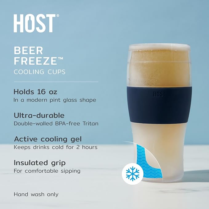 Host FREEZE Beer Glasses, Frozen Mugs, Freezable Pint Set, Keep Your Drinks Cold, Double Walled Insulated Glass, Tumbler for Iced Coffee, 16 oz, Set of 2, Varsity Blue