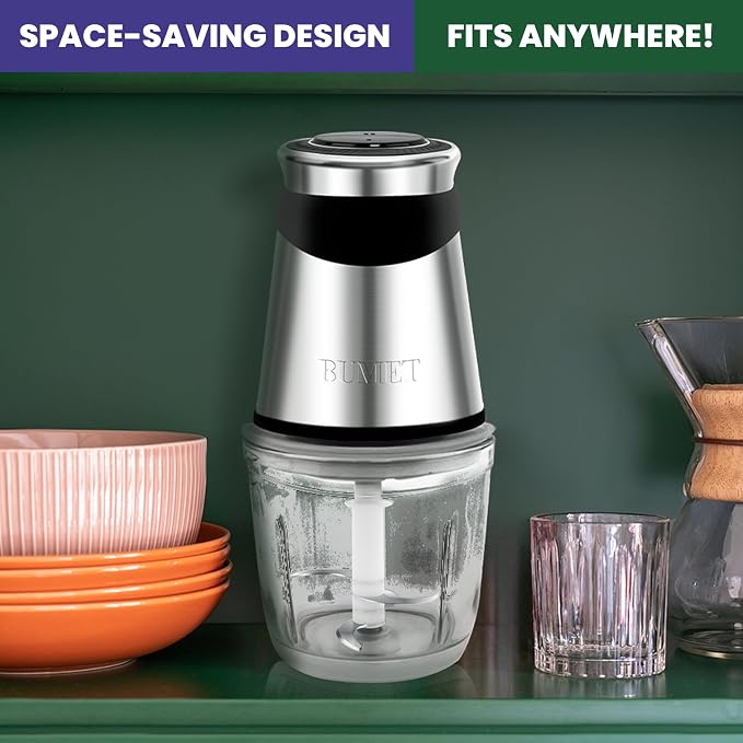 BUMET 500W Mini Chopper 2.5-Cup Glass Bowl Steel Blades | stainless steel blade and BPA free great for Small-batch chopper for meat, veggies & baby food. Compact & easy-clean.