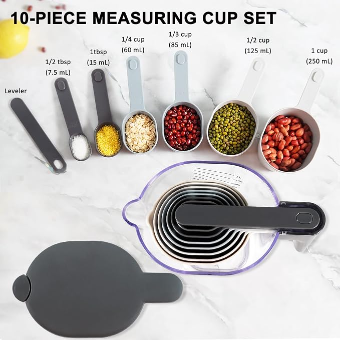 18-Pc Magnetic Measuring Cups and Spoons Set, with Lid, White | Includes 1 cover, 9 stackable cups set & 8 magnetic spoons, BPA-free & dishwasher safe, for liquid and dry baking