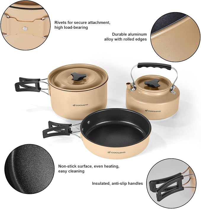 Odoland 15pcs Camping Cookware Mess Kit, 1.9L Pot, for Camping, Backpacking | Anodized aluminum, for hiking, outdoor cooking and picnic, 1.9L pot 0.8L kettle 0.86L pan mess kit, little compact pot set