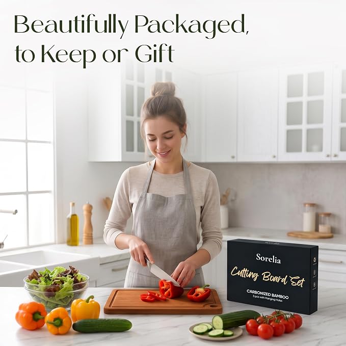 3-Piece Bamboo Cutting Boards - Groove, Handles, 15/12/9" - Dark Carbonized | Bamboo boards with rich dark finish, reversible prep and serving design surfaces