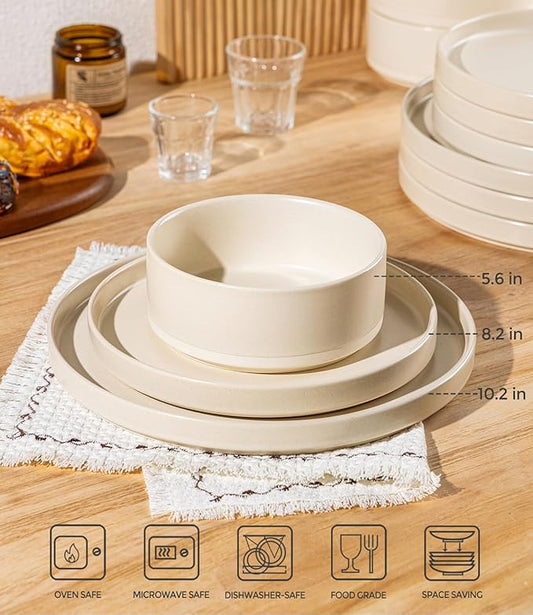 TheTerra Ceramic Dinnerware Sets for 6, 18 Pieces Handmade Reactive Glaze Plates and Bowls Set, Scratch Resistant Dish Set, Oven & Microwave & Dishwasher Safe, Matte White