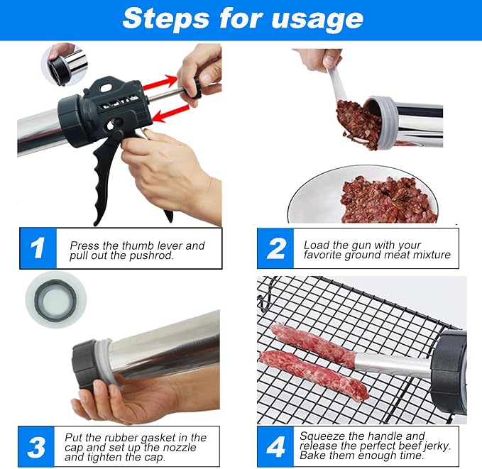 2LB Large Capacity Stainless Steel Jerky Gun Kits, Sausage Stuffer Machine, Meat Gun, Beef Jerky Maker with 5 Stainless Nozzles 3 Brushes