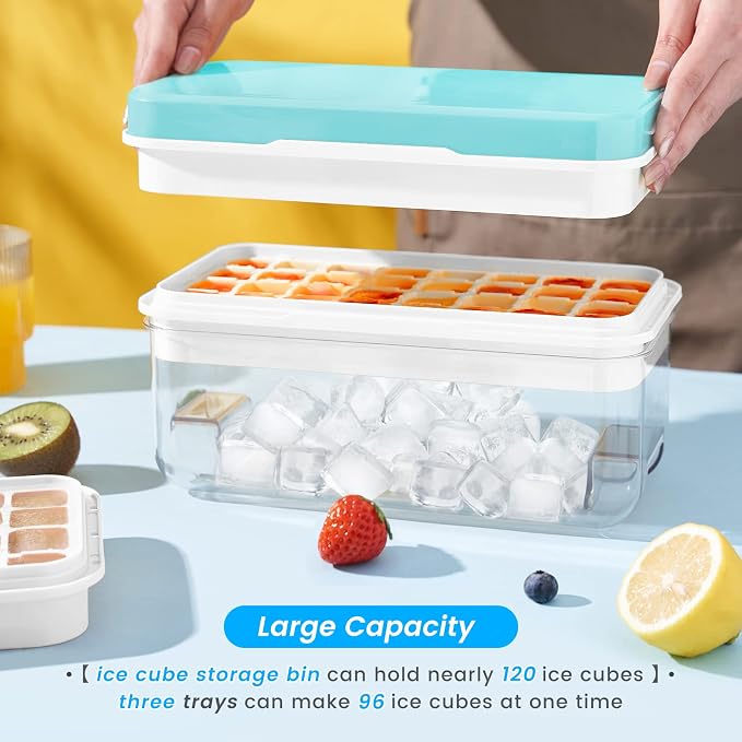 1.0" Ice Cube Tray with Lid and Bin, PHINOX 96 Cubes Ice Trays for Freezer, Ice Cube Trays for Freezer with 3 trays, Container, Lid & Ice Scoop, BPA Free, Blue(32Cubes/Tier)
