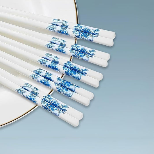 Ceramic Chopsticks Reusable 5PC,Porcelain Chop Sticks,Blue White,9.7'' | Easy to Clean,Dishwasher Safe,Heat Resistant,5 Pairs,with a Gift case,Cooking Chopsticks,High-grade Bone China Porcelain