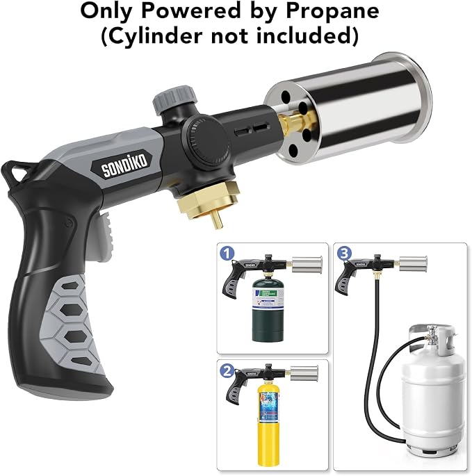 Sondiko Powerful Grill & Cooking Propane Torch L8010, Black & Grey | Sous Vide, Campfire Starter, Adjustable Weed Torch Burner for Searing Steak, BBQ & DIY, Propane Tank Not Included