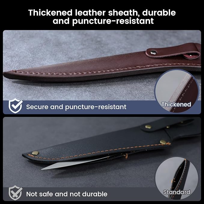 Fillet Knife, 9 Inch Boning Knife with Leather Sheath, Sharp Filet Knives for Fish and Meat, Non-slip Wooden Handle, Professional Japanese Knives For Fishing and Hunting, Outdoor Kitchen Gift