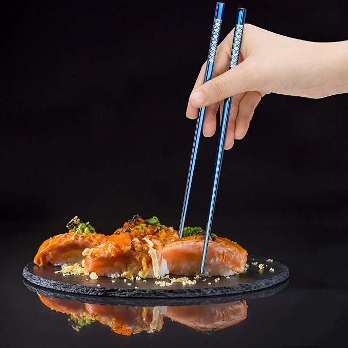 Reusable Titanium Plated Stainless Steel Chopsticks with Holder, Dishwasher Safe Lightweight Japanese Style Chopsticks Gift Set (Blue)