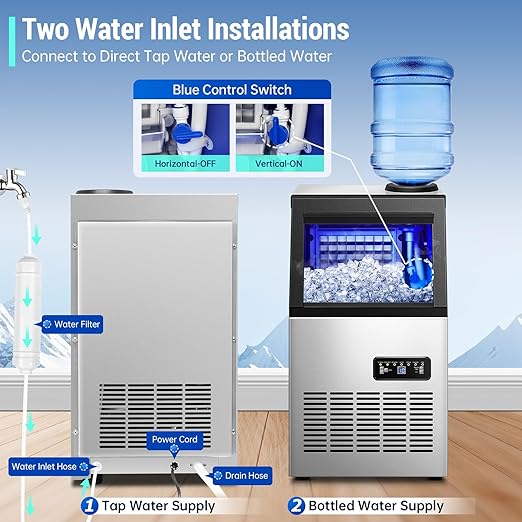 Amzgachfktch Commercial Ice Maker 120lbs/24H with 2 Water Inlet, Ice Maker Machine with 33lbs Storage, Auto Self-Cleaning, Under Counter/Freestanding Ice Maker for Home Shop Bar