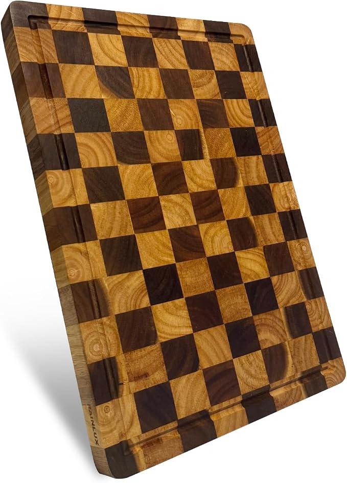 Acacia Wood Cutting Boards for Kitchen, Checkered Chopping Board with Juice Grooves & Handles, Large Butcher Block Serving Tray with Non‑Slip Feet, 17" × 12" × 1.5"