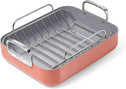Caraway Roasting Pan - 16x13” Roasting Pan with Rack - Non-Stick Ceramic Coated - Non Toxic, PTFE & PFOA Free - Oven Safe & Compatible with All Stovetops - Perracotta
