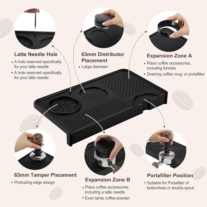 VOCOSTE Espresso Tamping Mat, Non-Slip, Protect Countertop, Black | Large Surface for Consistent Tamping, Silicone Protects Counters From Dents, Stays Put During Use, Tamper Mat for Barista