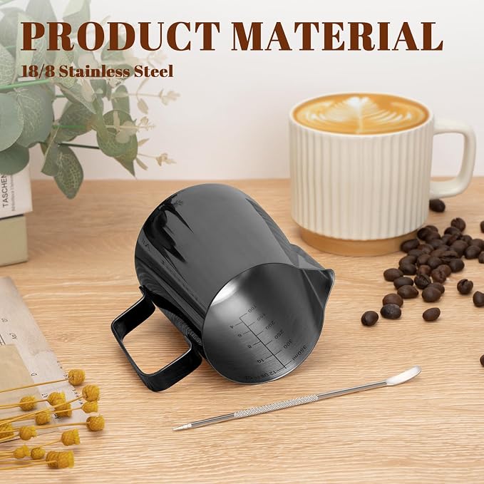 Amrules Milk Frothing Pitcher, 12 oz Milk Frother Cup with Clear Scale, 304 Stainless Steel Cappuccino Espresso Machine Accessories for Barista Coffee Bar with Latte Art Pen, Bright Black
