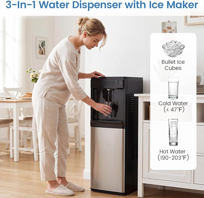 COSTWAY Water Dispenser with Ice Maker, 3 in 1 Bottom Loading Water Cooler for 5-Gal Bottle, Stainless Steel Hot and Cold Water Dispenser, 9 Cubes/7 Min, 33 LBS/24H Bullet Ice Cubes, Child Lock
