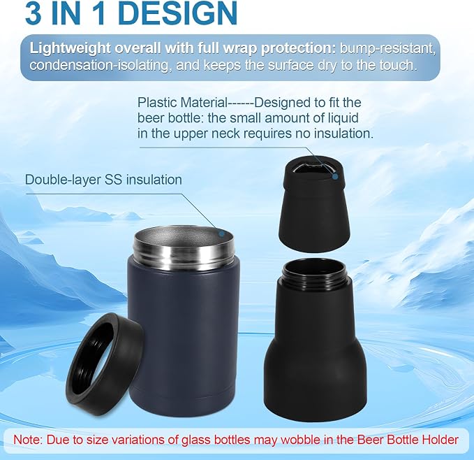 12oz Vacuum Insulated Can Holder with Double Walled Stainless Steel | Beer Soda Can Cooler with Beer Opener, 3 in 1 Beer Bottle Insulators Holder Ice Cold for Hours Beer Lovers - Navy Blue