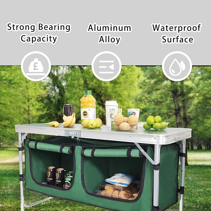 CampLand Outdoor Folding Table Aluminum Lightweight Height Adjustable with Storage Organizer for BBQ, Party, Camping