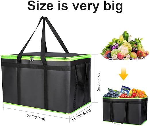 2 Pack XXXL-Large Insulated Grocery Shopping Bags, Green, Reusable Bag,Thermal Zipper,Collapsible,Tote,Cooler,Food Transport hot and Cold,for instacart,Camping,Recycled Material delivery Groceries,