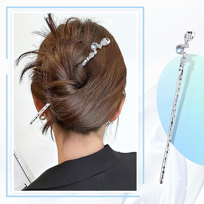 inSowni 8 Pieces Retro Vintage Asian Chinese Traditional Hanfu Fishtail Star Moon Butterfly Silver Metal Hair Sticks Long Hair Chopsticks Forks Bun Updo Holders Hairpins for Women Girls