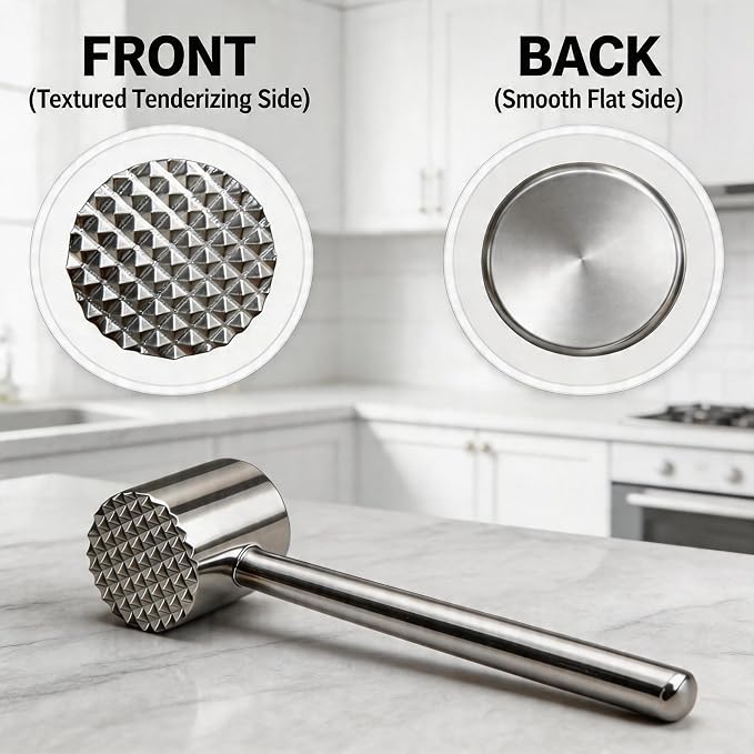 Stainless Steel Meat Tenderizer 18/8 Food Grade Kitchen Mallet Steak Pounder Flatterner for Beef and Poultry - Commercial Quality 100% Dishwasher Safe