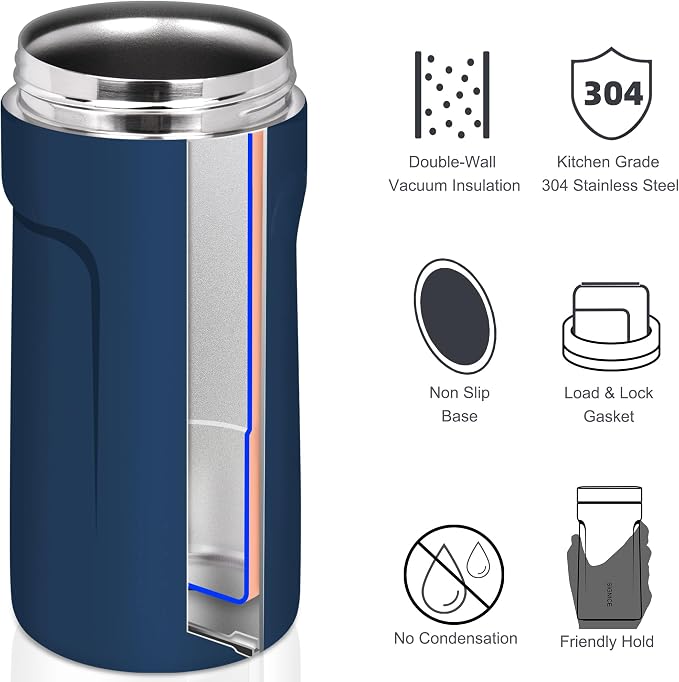 3 In 1 Insulated Universal Can Cooler - Signice Double Walled Vacuum Insulator Stainless Steel Slim Can Cooler for 12 Oz Skinny Tall Standard Regular Can Beer Bottle (Navy Blue)