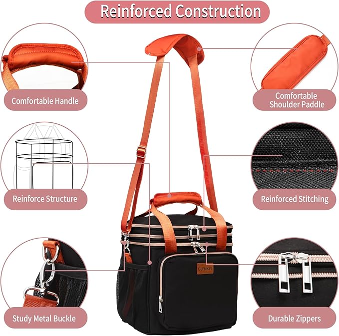 GLENKEY Expandable Lunch Box Cooler Bag - Insulated Soft Lunch Bag for Men Women - Large Lunchbox for Adults Work Camping Outdoor Travel Black Brown 16L