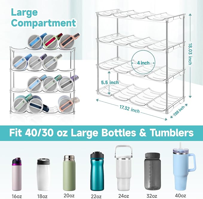Stackable Water Bottle Organizer Large Compartment Water Bottle Holder | Tumbler Organizer for Stanley 40 oz Cup, Kitchen Cabinet Storage Organizer for Stanley Cup Accessories, 4 Tier Hold 16 Bottle