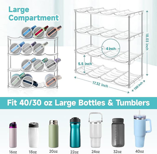 Stackable Water Bottle Organizer Large Compartment Water Bottle Holder | Tumbler Organizer for Stanley 40 oz Cup, Kitchen Cabinet Storage Organizer for Stanley Cup Accessories, 4 Tier Hold 16 Bottle