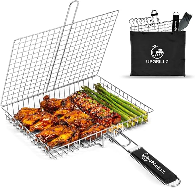 Fish Grill Baskets for Outdoor Grill Vegetables, Fish Grilling rack for Grill, BBQ Grilling Basket, Stainless steel Grill Basket for Veggies, shrimp Includes 5 Steel Skewers, Silicon Brush, and Carry Bag