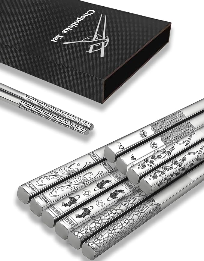 Metal Chopsticks,SUS304 Stainless Steel,5 Pairs Gift set,Mixed Pattern | Reusable, Dishwasher Safe,Non-Slip Grip,Good for Beginners,Come in a Gift Box,SUS304 Resistant to Rust,Square,Silver,9.25''