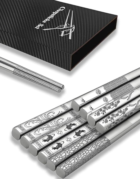 Metal Chopsticks,SUS304 Stainless Steel,5 Pairs Gift set,Mixed Pattern | Reusable, Dishwasher Safe,Non-Slip Grip,Good for Beginners,Come in a Gift Box,SUS304 Resistant to Rust,Square,Silver,9.25''