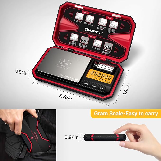 UNIWEIGH Travel Digital Pocket Scale 200g/0.01g, Digital Gram Scales | Mini Food Scale with 50g Calibration Weight for Food, Powder,small items, Tea, Jewelry, Coins (Battery Included)-Red