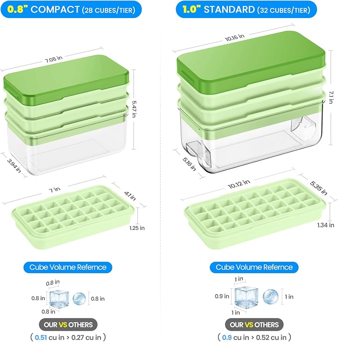 1.0" Ice Cube Trays for Freezer, PHINOX Ice Tray, 3-Tier(32Cubes/Tier)Green