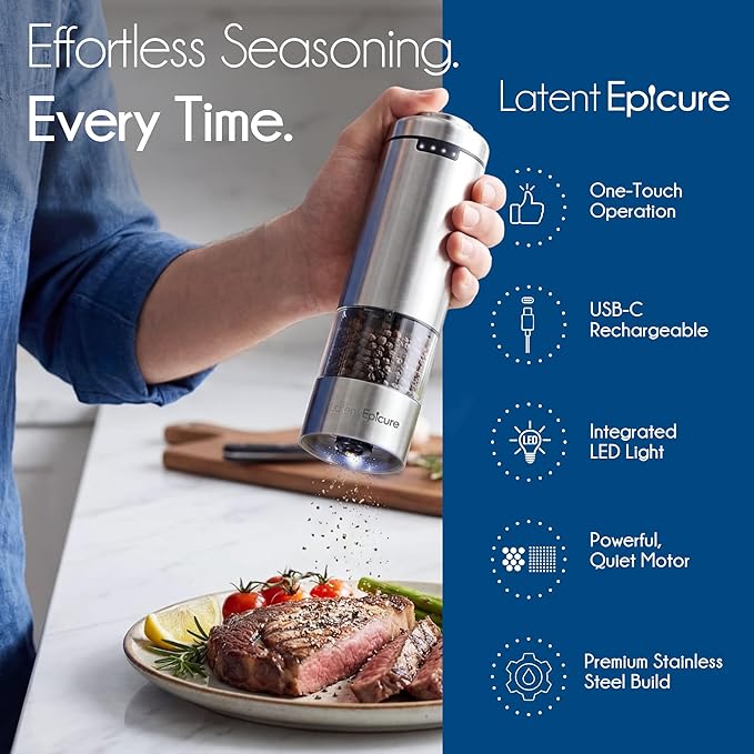 Latent Epicure Electric Salt and Pepper Grinder Set, USB-C Rechargeable Stainless Steel Mills with LED Light, Adjustable Ceramic Grinders with Acrylic Mill Rest Tray