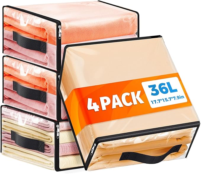 SpaceWhisper 4 Pack Clear Storage Bags, Plastic Blanket Storage Bags with Zipper and Handle, Moving Bags for Comforter, Bedding & Clothes, Closet Organizer and Under Bed Storage (17.7x15.7x7.9 Inch)