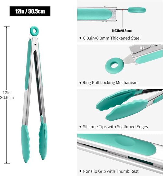 Doosu Kitchen Tongs for Cooking - 600°F Heat Resistant Food Tong with Non-Scratch Silicone Tips, Heavy Duty Stainless Steel Locking Tong for BBQ, Grilling Steak, Serving Salad, Pasta (12in, Aqua Sky)