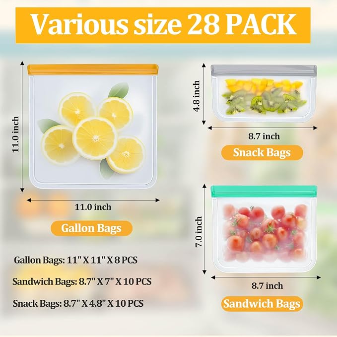 28 Pack Reusable Freezer Bags Food Storage Bags, BPA Free Reusable Bags, Food Storage Containers for Meal Prep Containers, Salad Fruit,Vegetables, Dishwasher Safe, 8 Gallon 10 Sandwich 10 Snack