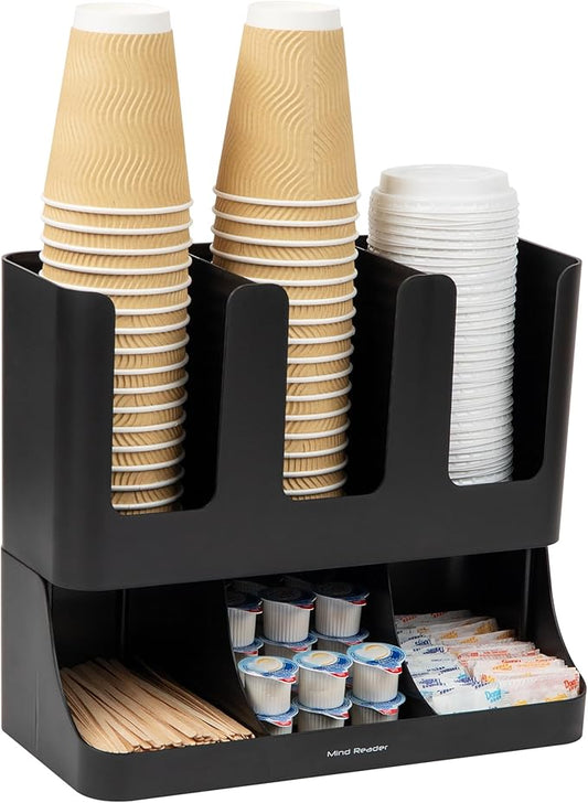 Mind Reader Condiment Station, 13 Inch Countertop Coffee Bar Organizer with 6 Compartments, Storage Caddy for Cups, Lids and Packets, Plastic, Black