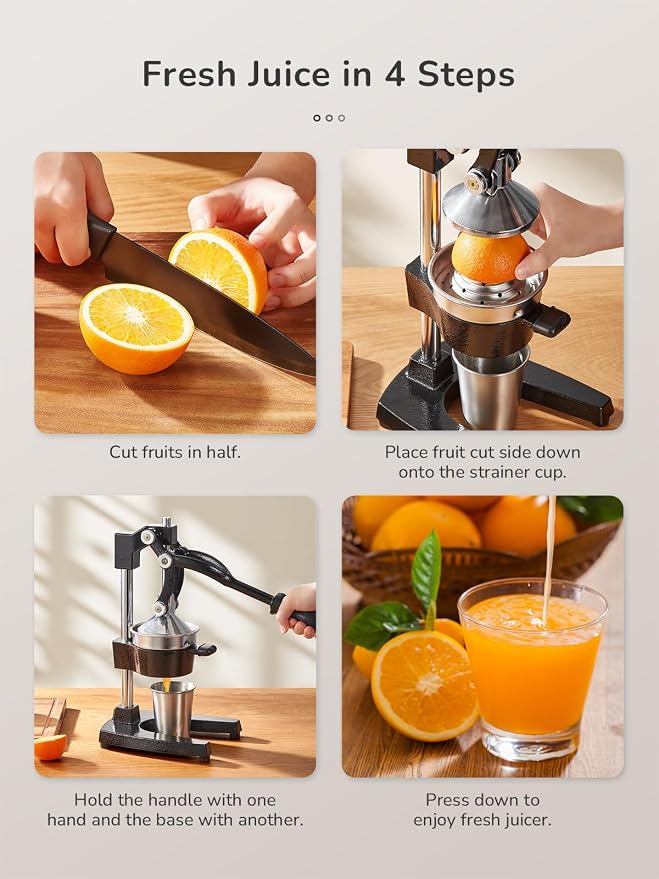 QCen Manual Citrus Juicer Cast Iron Heavy Duty Orange Press | Stainless Steel Strainer, Hand Squeezer, Easy To Clean, For Orange, Lemon, Lime And Grapefruit, Black