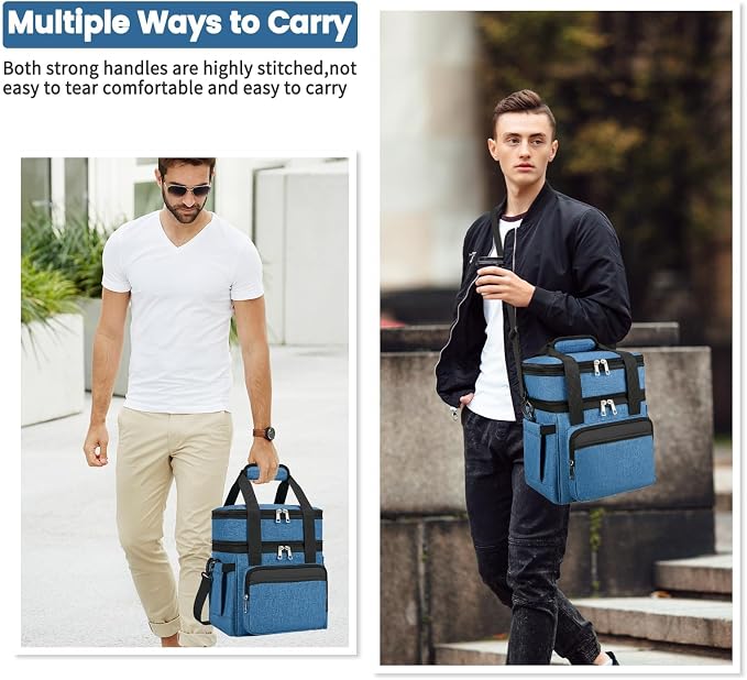 holuxer Insulated Lunch Bag & Lunch Box for Men - Double Deck Reusable Lunch Bag for Women Tote Cooler Bag Leakproof Soft Expandable - Large Lunchbox for Work/Adult/Picnic/Outdoor (Blue，15L)
